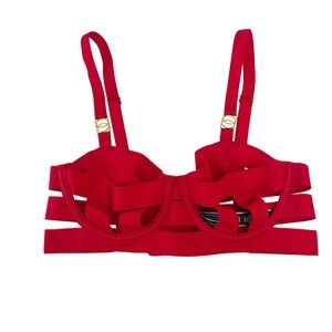 Victorias Secret Strappy Cage Bra Red Underwire Gold Hardware Lingerie Top - 32A